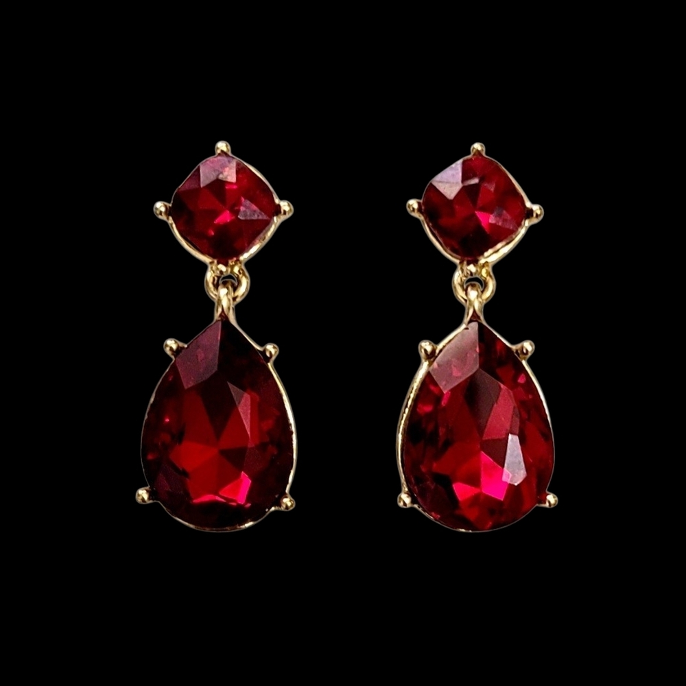 Red And Gold Tone Crystal Teardrop Earrings New - Picture 2 of 3